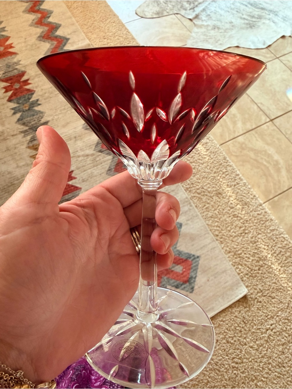Red Cut Diamond Waterford Lismore Martini Glass with a sticker
